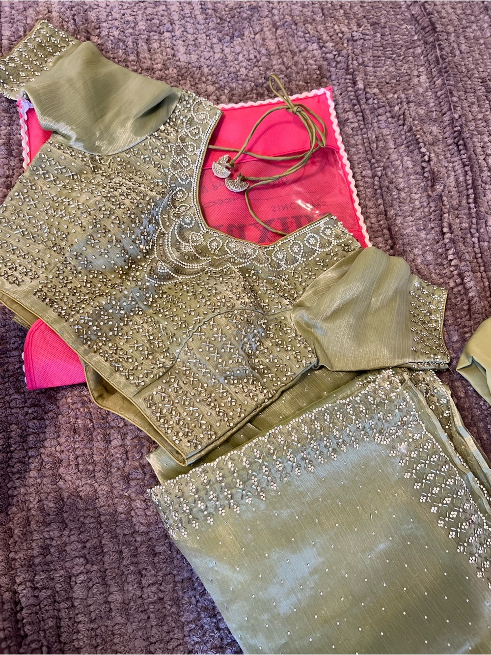 Embellished sage Green tissue saree Blouse Set